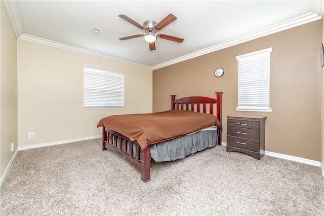 bedroom with ceiling fan, ornamental molding, and light carpet