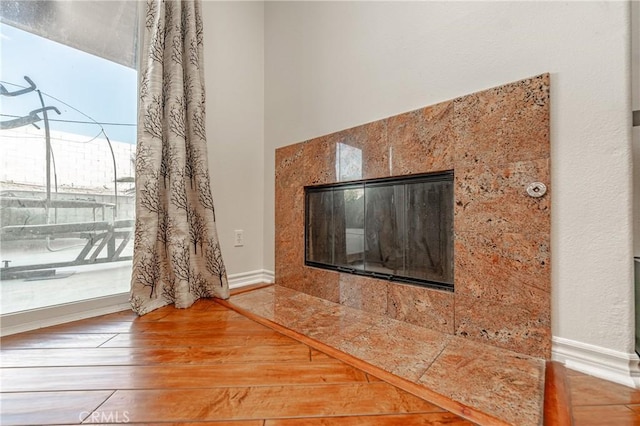 interior details featuring a fireplace and hardwood / wood-style floors