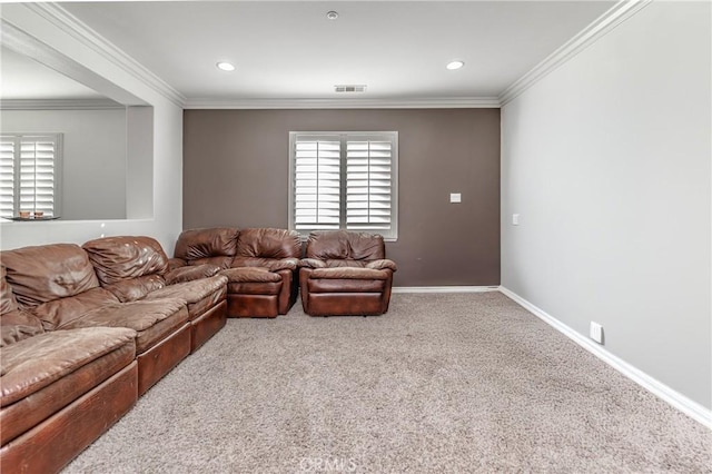 living room featuring carpet floors and crown molding