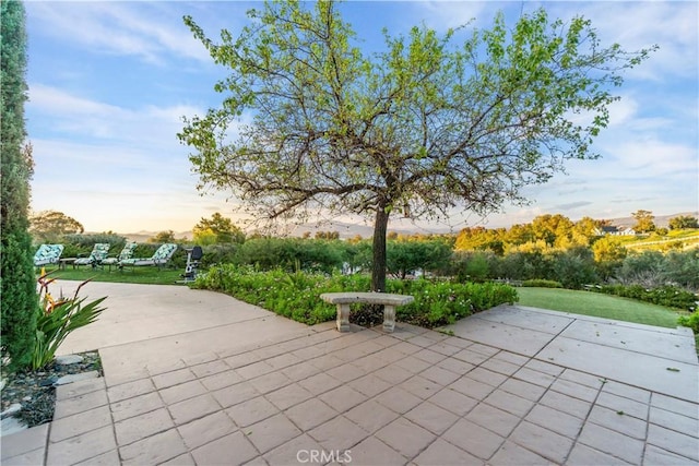 patio terrace at dusk with a yard