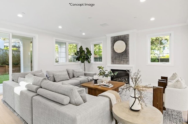 living room featuring light hardwood / wood-style floors and crown molding