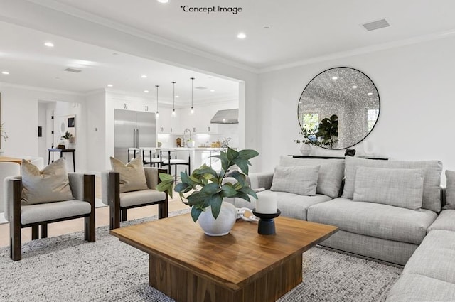 living room featuring ornamental molding and sink