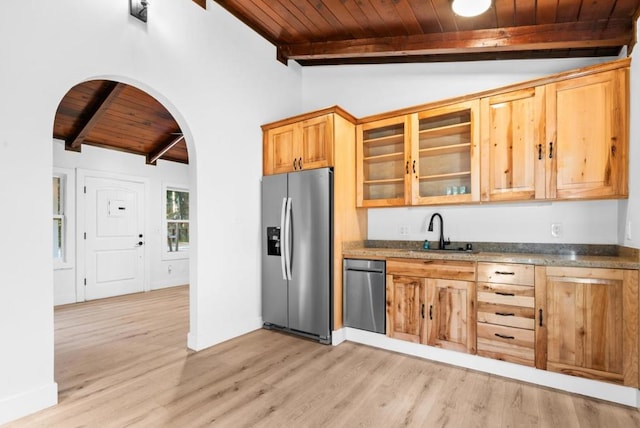 kitchen featuring sink, vaulted ceiling with beams, light wood-type flooring, wooden ceiling, and stainless steel appliances