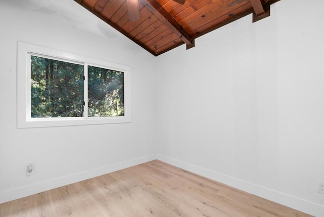 spare room with lofted ceiling with beams, wooden ceiling, ceiling fan, and light hardwood / wood-style flooring