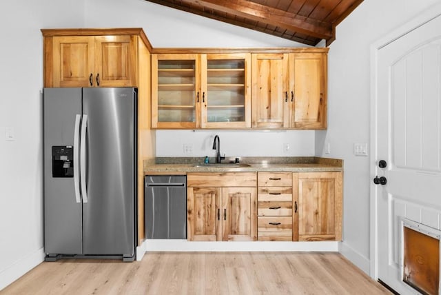 kitchen featuring lofted ceiling with beams, sink, stainless steel fridge with ice dispenser, wooden ceiling, and light wood-type flooring