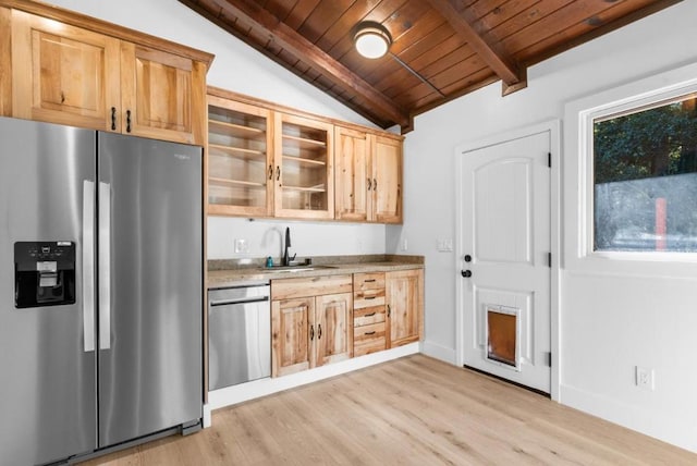 kitchen with appliances with stainless steel finishes, vaulted ceiling with beams, sink, wood ceiling, and light hardwood / wood-style floors