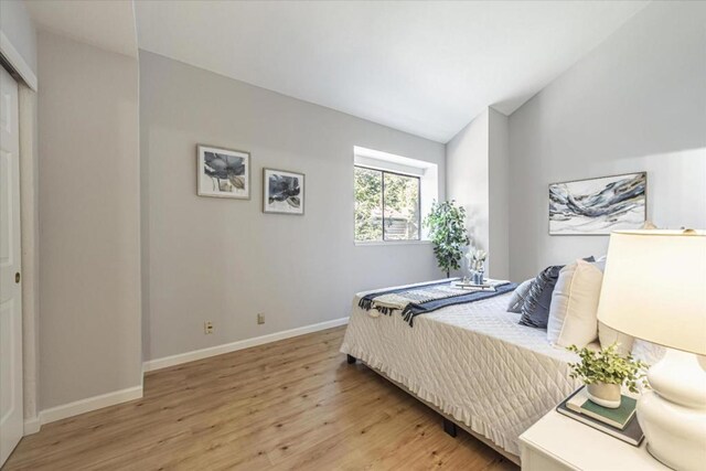 bedroom with light hardwood / wood-style floors and vaulted ceiling