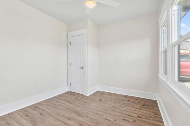 spare room featuring light wood-type flooring, ceiling fan, and a wealth of natural light