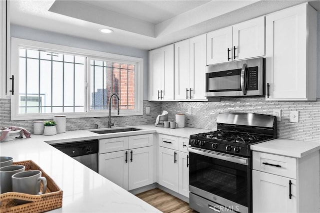 kitchen with white cabinets, appliances with stainless steel finishes, a tray ceiling, and sink