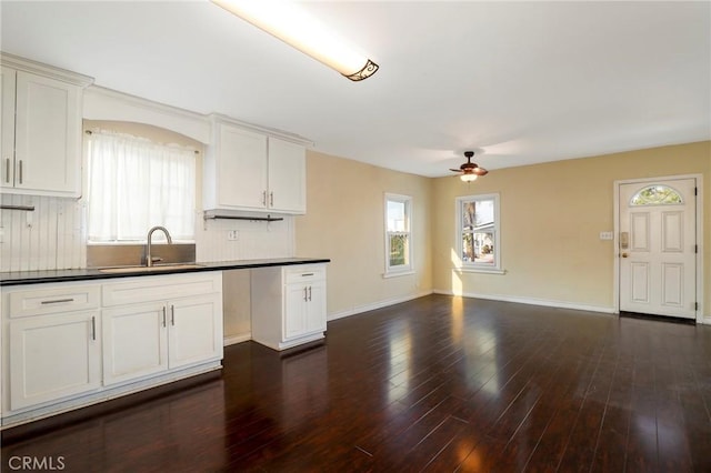 kitchen featuring a wealth of natural light, decorative backsplash, sink, and ceiling fan