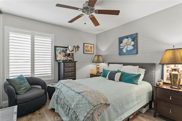 bedroom featuring ceiling fan and light hardwood / wood-style flooring