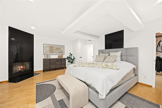 bedroom with a closet, a spacious closet, and light hardwood / wood-style flooring