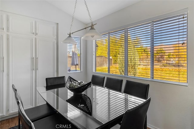 dining space featuring vaulted ceiling