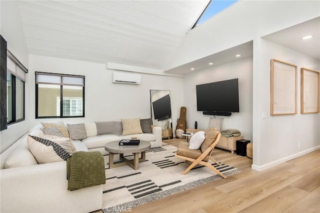 living room featuring a wall mounted AC, high vaulted ceiling, and light hardwood / wood-style floors