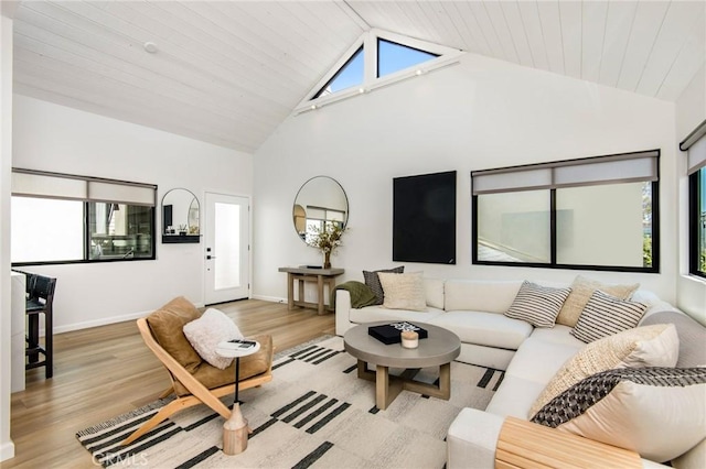 living room featuring light hardwood / wood-style flooring, plenty of natural light, and wood ceiling