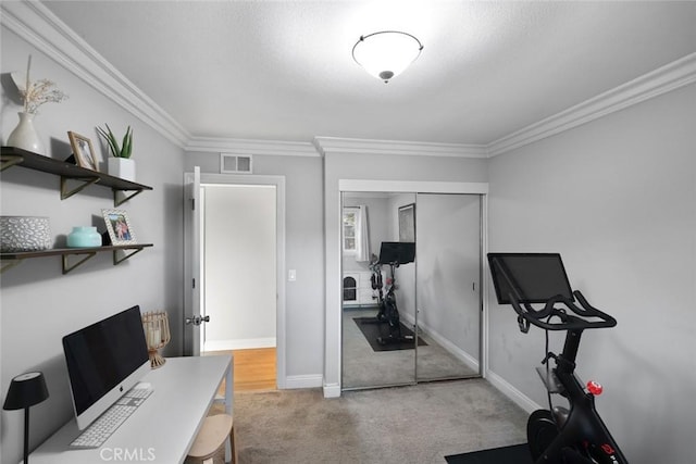 office with light colored carpet and crown molding