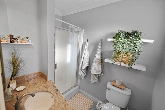 bathroom with a shower, toilet, sink, and ornamental molding