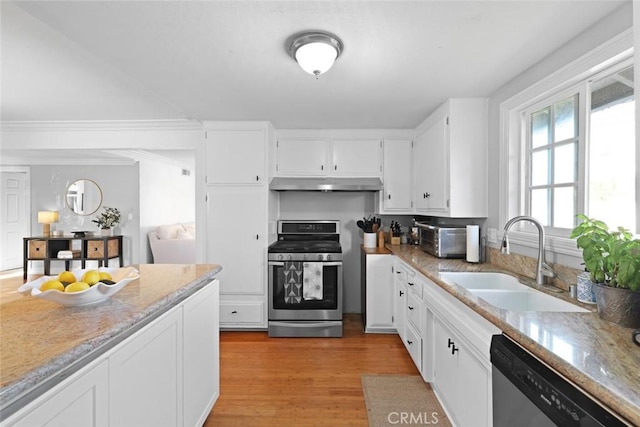 kitchen with appliances with stainless steel finishes, light stone counters, sink, light hardwood / wood-style flooring, and white cabinets