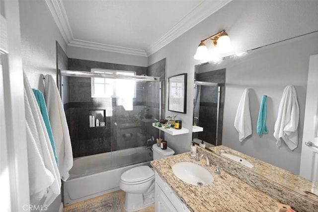 full bathroom with shower / bath combination with glass door, vanity, ornamental molding, and toilet