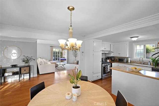 dining room featuring a notable chandelier, sink, crown molding, and a wealth of natural light