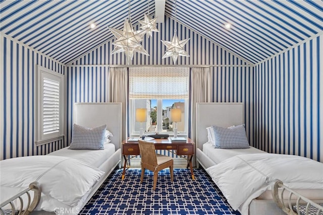 bedroom featuring lofted ceiling