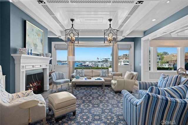 living room with a notable chandelier