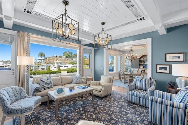 living room featuring beamed ceiling, coffered ceiling, and an inviting chandelier