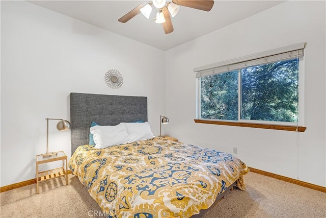 bedroom with ceiling fan and carpet