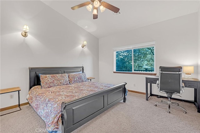 carpeted bedroom featuring ceiling fan and lofted ceiling