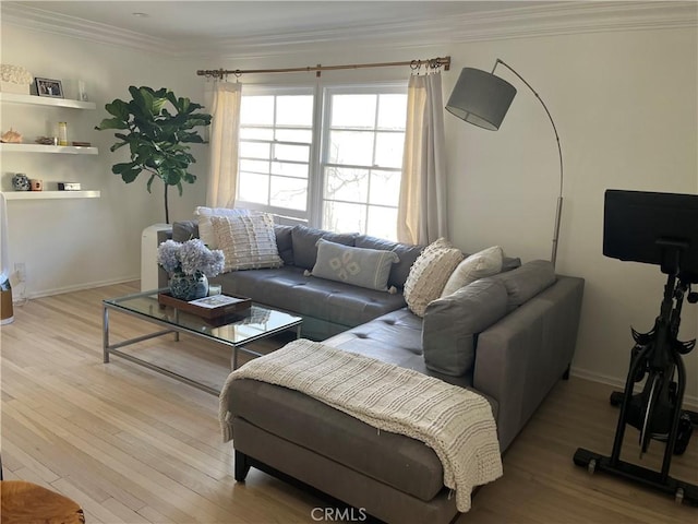 living room with light hardwood / wood-style flooring and ornamental molding