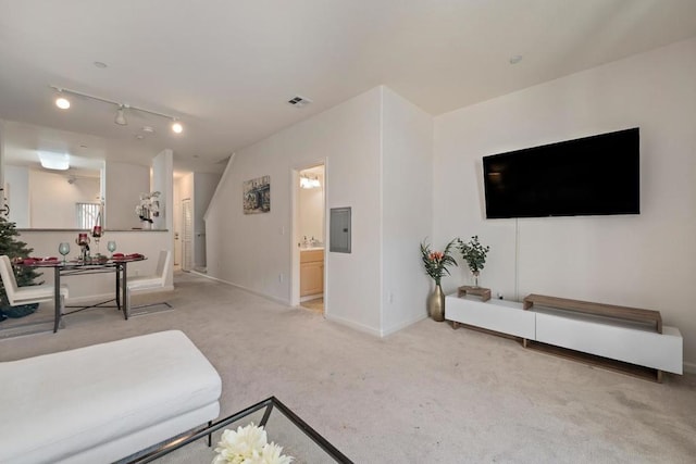 living room featuring electric panel, track lighting, and carpet floors