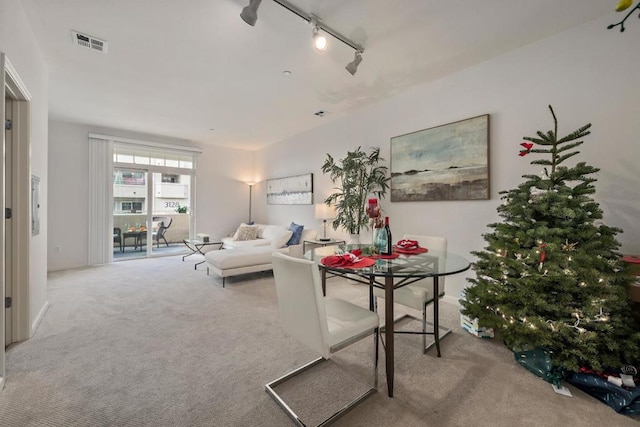 carpeted living room featuring track lighting