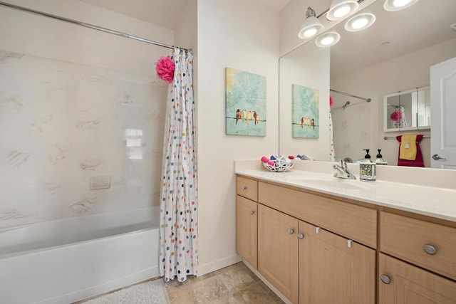 bathroom with shower / bath combo with shower curtain and vanity