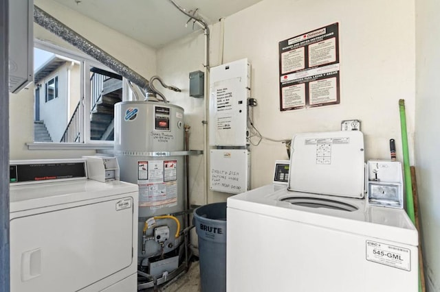 laundry area with washing machine and clothes dryer and strapped water heater