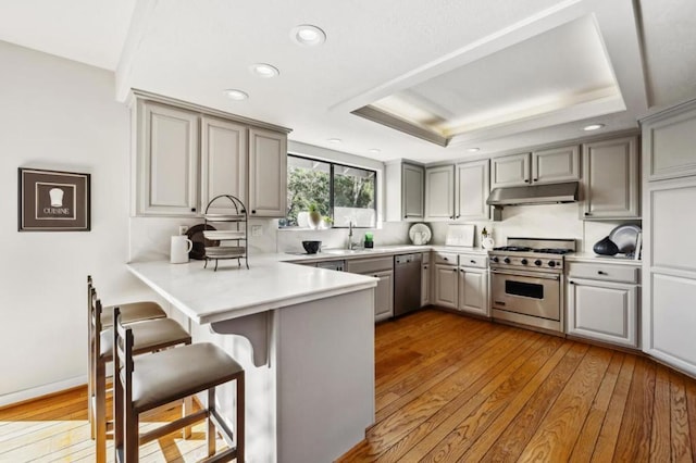 kitchen featuring gray cabinetry, light wood-type flooring, appliances with stainless steel finishes, a tray ceiling, and kitchen peninsula