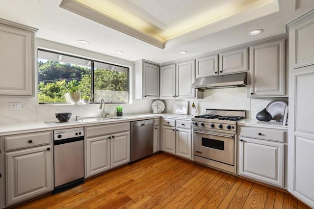 kitchen featuring tasteful backsplash, stainless steel appliances, a tray ceiling, and gray cabinets