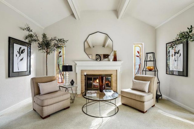 sitting room with crown molding, carpet, and vaulted ceiling with beams