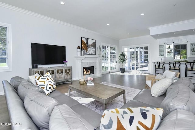 living room with a fireplace, ornamental molding, and light hardwood / wood-style floors