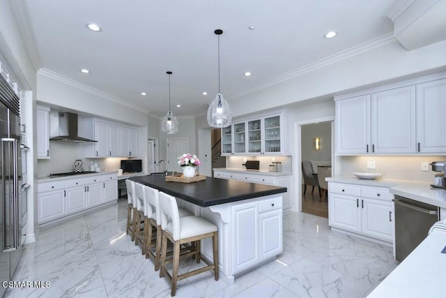 kitchen featuring dishwasher, crown molding, a kitchen island, wall chimney exhaust hood, and white cabinetry