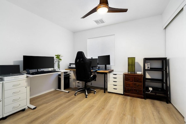 home office with ceiling fan and light wood-type flooring