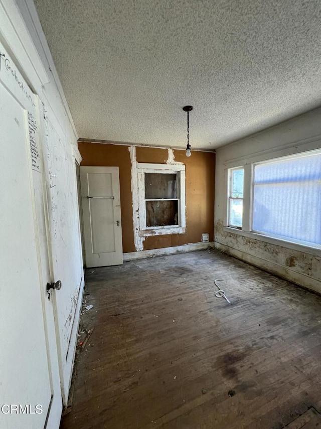 interior space featuring dark wood-type flooring and a textured ceiling