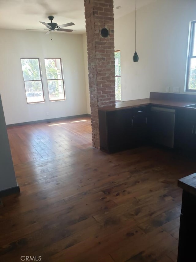 kitchen featuring ceiling fan, dark wood finished floors, a wealth of natural light, and open floor plan