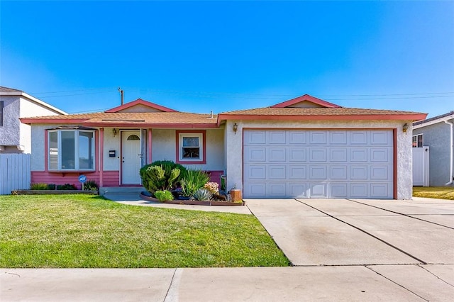 single story home featuring a front lawn and a garage