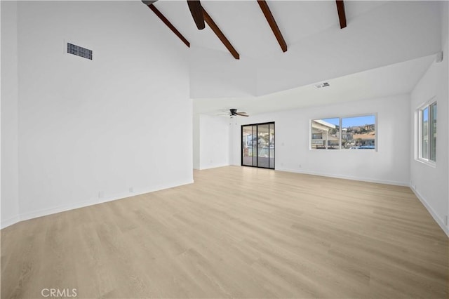 unfurnished living room with beamed ceiling, light hardwood / wood-style flooring, high vaulted ceiling, and plenty of natural light