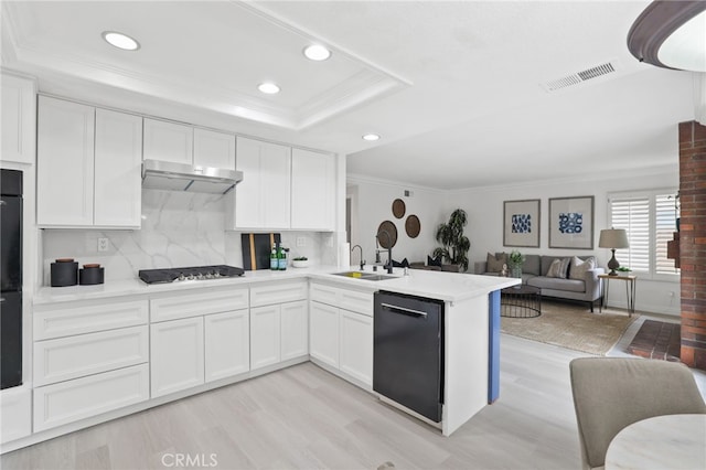 kitchen featuring a tray ceiling, visible vents, a sink, dishwasher, and under cabinet range hood