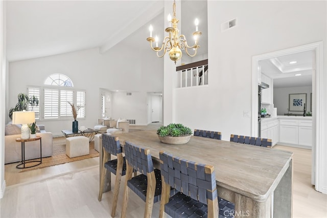 dining area featuring high vaulted ceiling, light wood finished floors, visible vents, and beamed ceiling