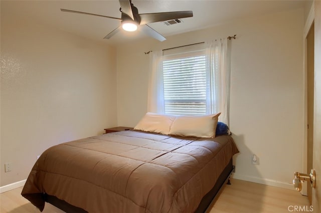 bedroom featuring ceiling fan and light hardwood / wood-style flooring