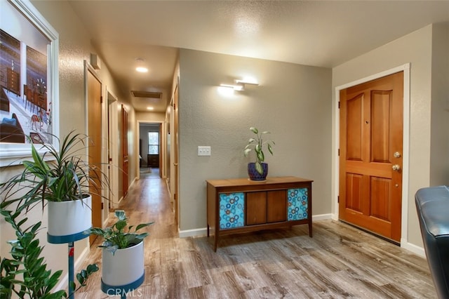 foyer entrance with light hardwood / wood-style flooring