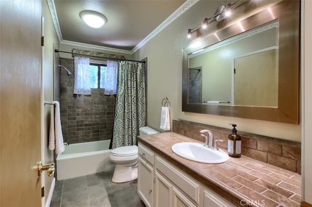 full bathroom with tasteful backsplash, crown molding, toilet, shower / bath combo with shower curtain, and vanity