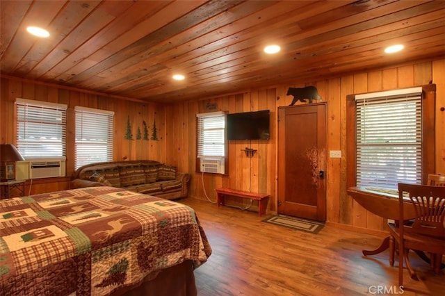 36555 Mudge Ranch Rd, Coarsegold, CA 93614 - bedroom with cooling unit, wooden ceiling, wood walls, recessed lighting, and wood finished floors